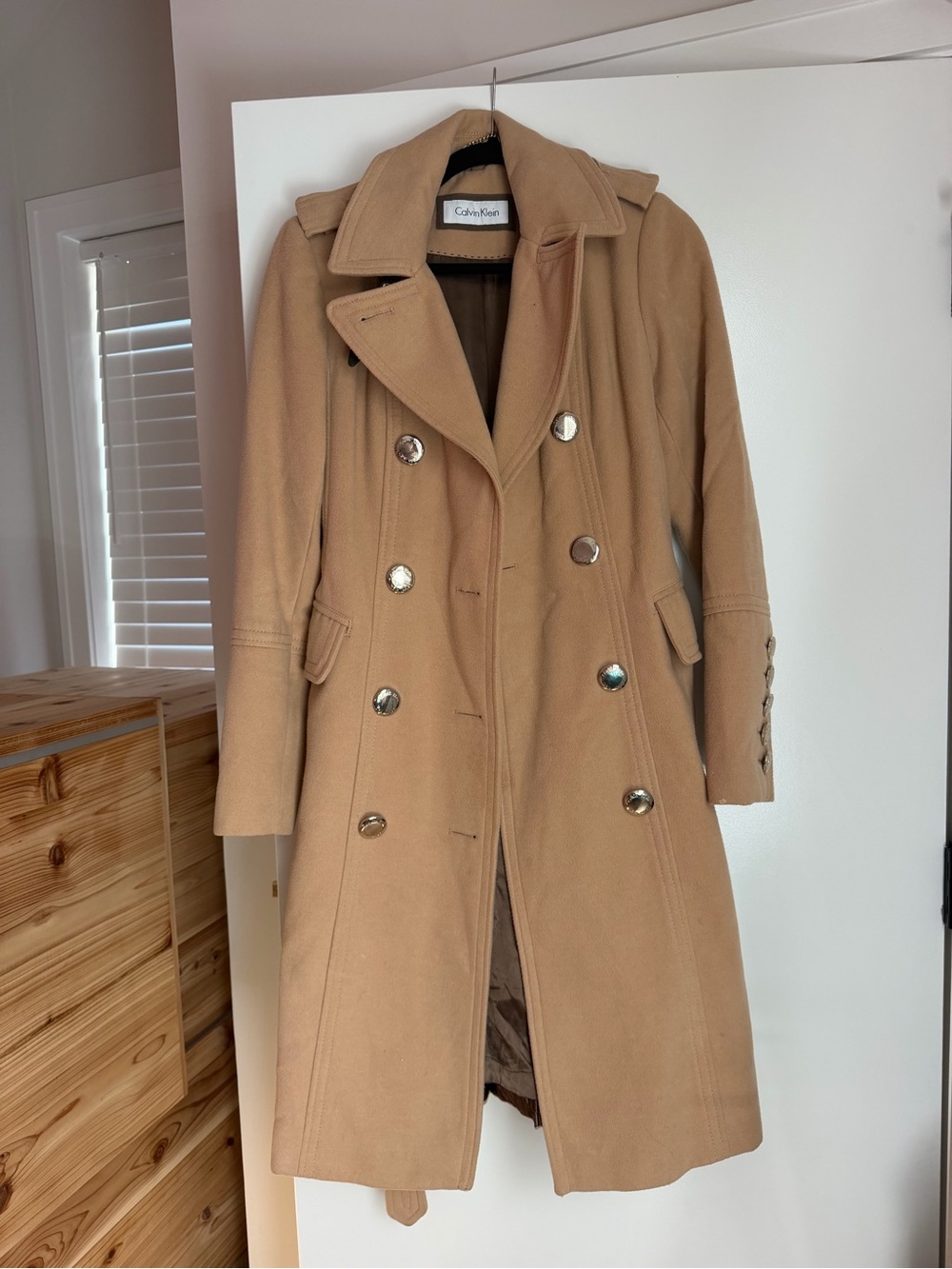Calvin Klein Tan Double-Breasted Wool Trench Coat